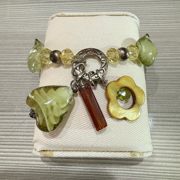 Glass Bead Bracelet with Heart and Flower Charms - Picture 1 of 4
